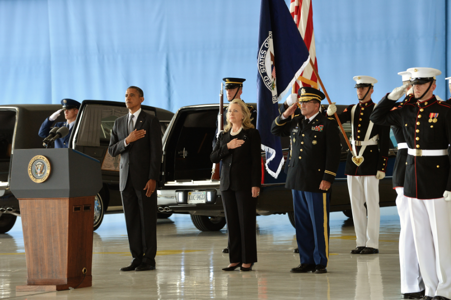 Obama and Clinton at Transfer of Remains Ceremony for Benghazi attack victims Sep 14, 2012.