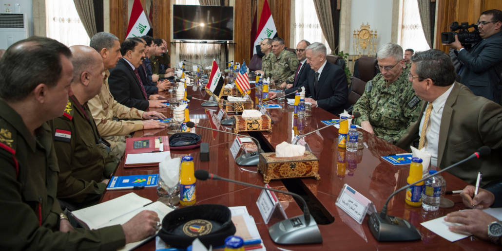 Secretary of Defense Jim Mattis meets with Iraqi Minister of Defense Arfan al-Hayali at the Ministry of Defense in Baghdad, Iraq, Feb. 20, 2017. 