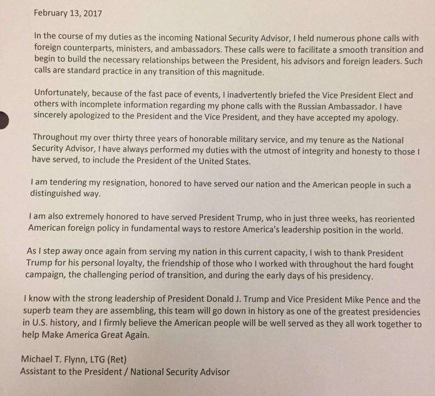 Flynn resignation letter