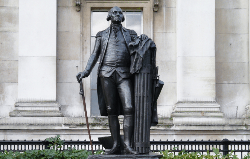 Washington statue covered in a box to protect it from London