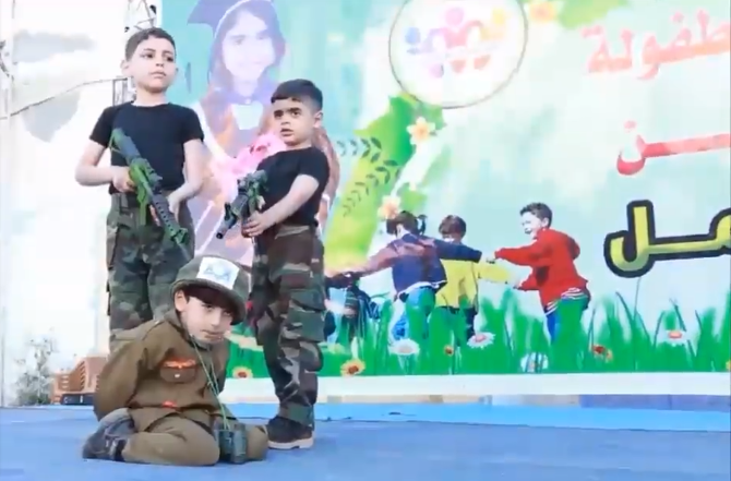 Hamas - Video shows armed Hamas children joyfully mock-executing Israeli child