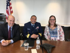 (From left to right) Gary Rasicot (CG-1D), Rear Adm. Michael Johnston (CG-93), and Janet Williams (DHS - moderator) pose for a photo at a “How Inspiring Leaders Build a Culture of Engagement” event.