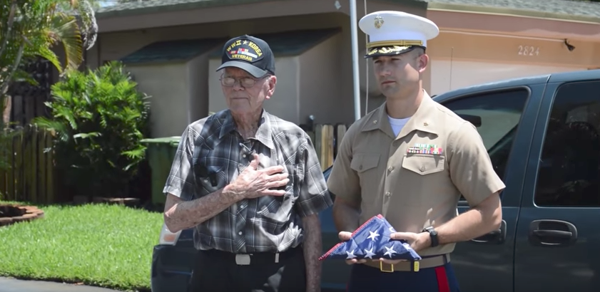 (VIDEO) Marines Surprise World War II Vet With New American Flag Featured