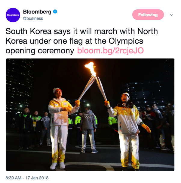 Screen Shot 2018 01 17 at 8.48.08 AM - North, South Korea will march together under unified flag at Winter Olympics