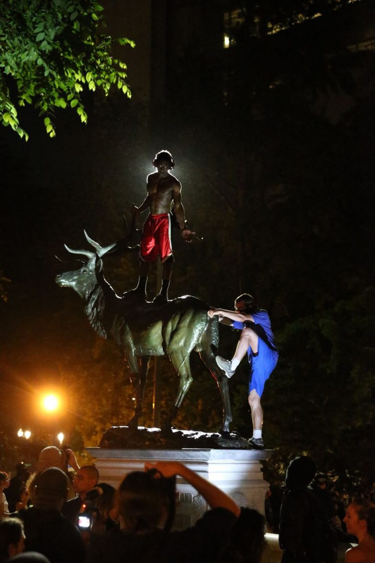 Iconic Portland elk statue removed from downtown after fire set during